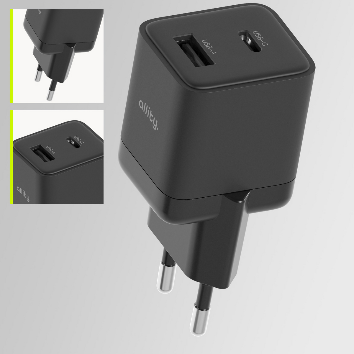 Allity Netværksoplader. ATC-01-30WAC Mini, 30W, 3A, 1 x USB-A - 1 x USB-C, Sort