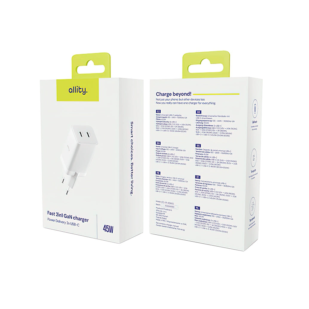 Allity Netværksoplader. ATC-01-45WCC Fast, 45W, 3A, 2 x USB-C, Hvid