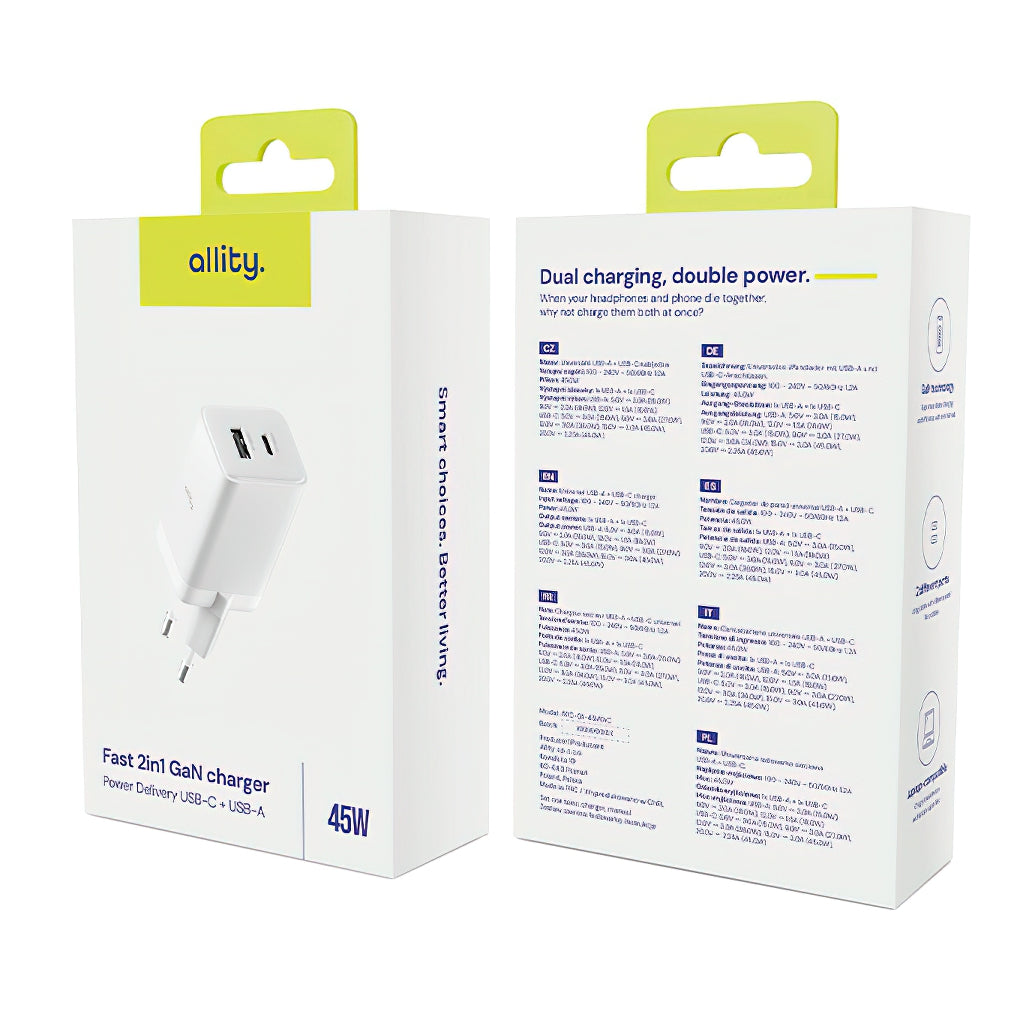 Allity Netværksoplader. ATC-01-45WCC Fast, 45W, 3A, 1 x USB-A - 1 x USB-C, Hvid