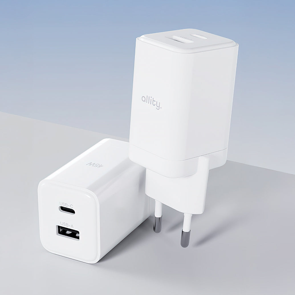 Allity Netværksoplader. ATC-01-45WCC Fast, 45W, 3A, 1 x USB-A - 1 x USB-C, Hvid