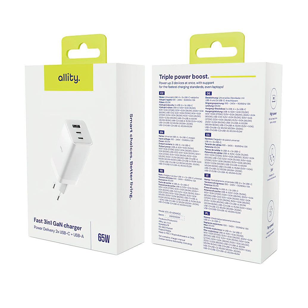 Allity Netværksoplader. ATC-01-65WACC Fast, 65W, 3.25A, 1 x USB-A - 2 x USB-C, Hvid