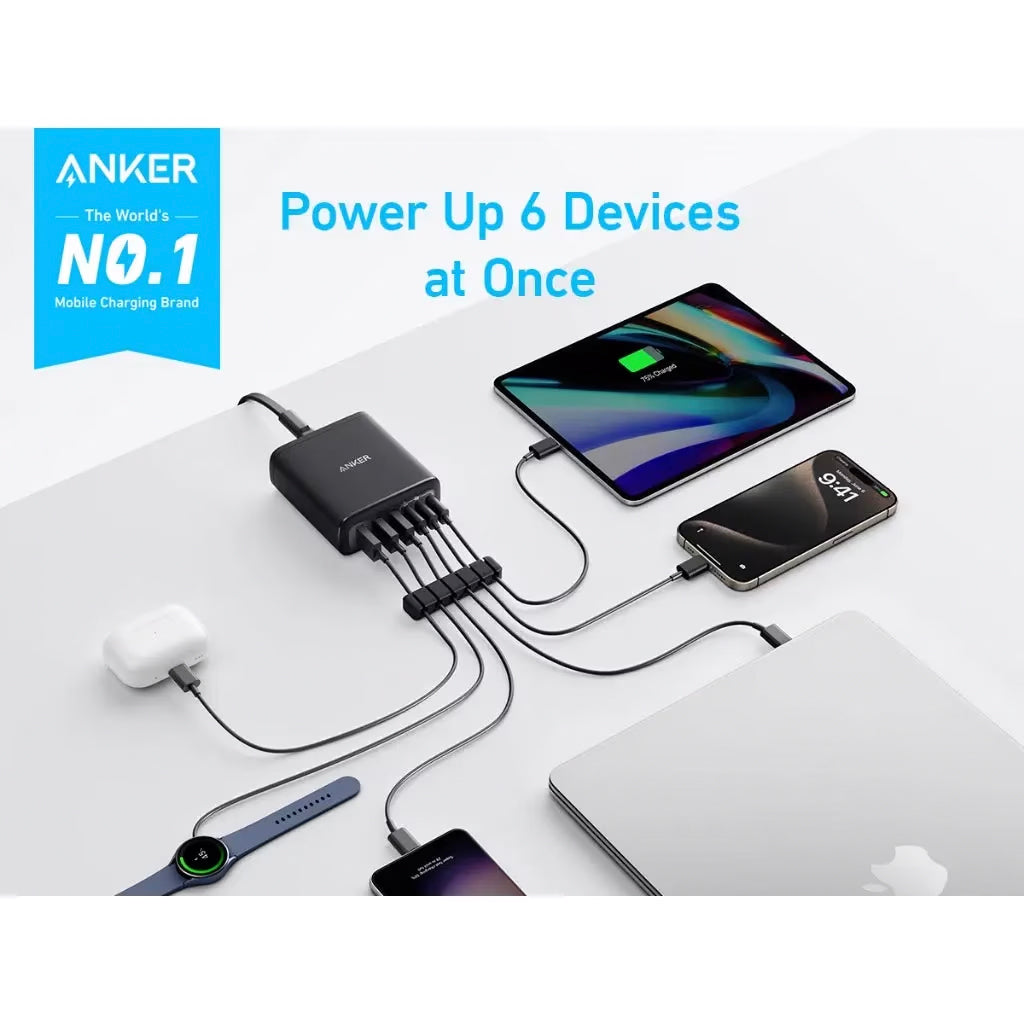 Anker Station Charger, 112W, 3A, 3 x USB-A - 3 x USB-C, sort A2154G11