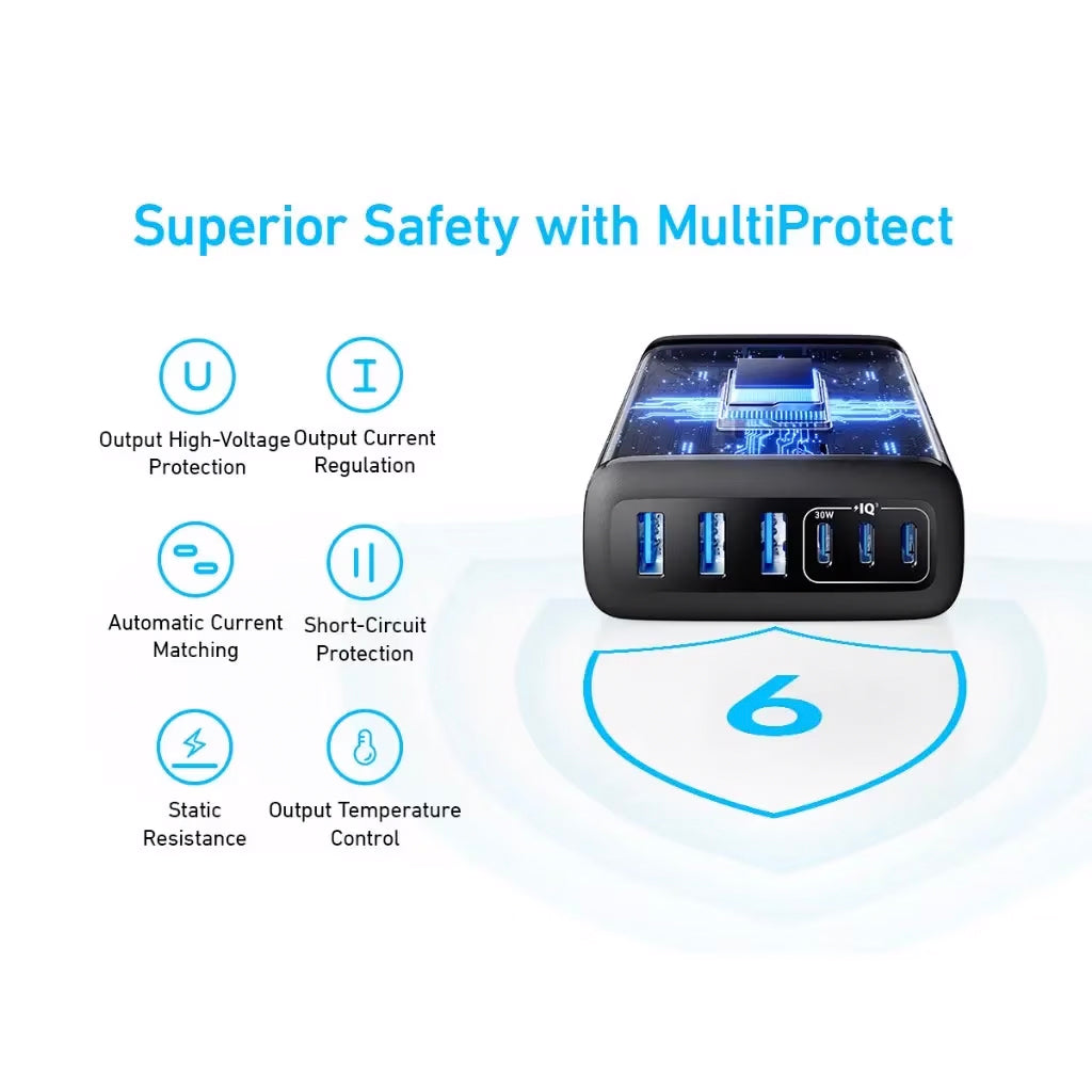 Anker Station Charger, 112W, 3A, 3 x USB-A - 3 x USB-C, sort A2154G11