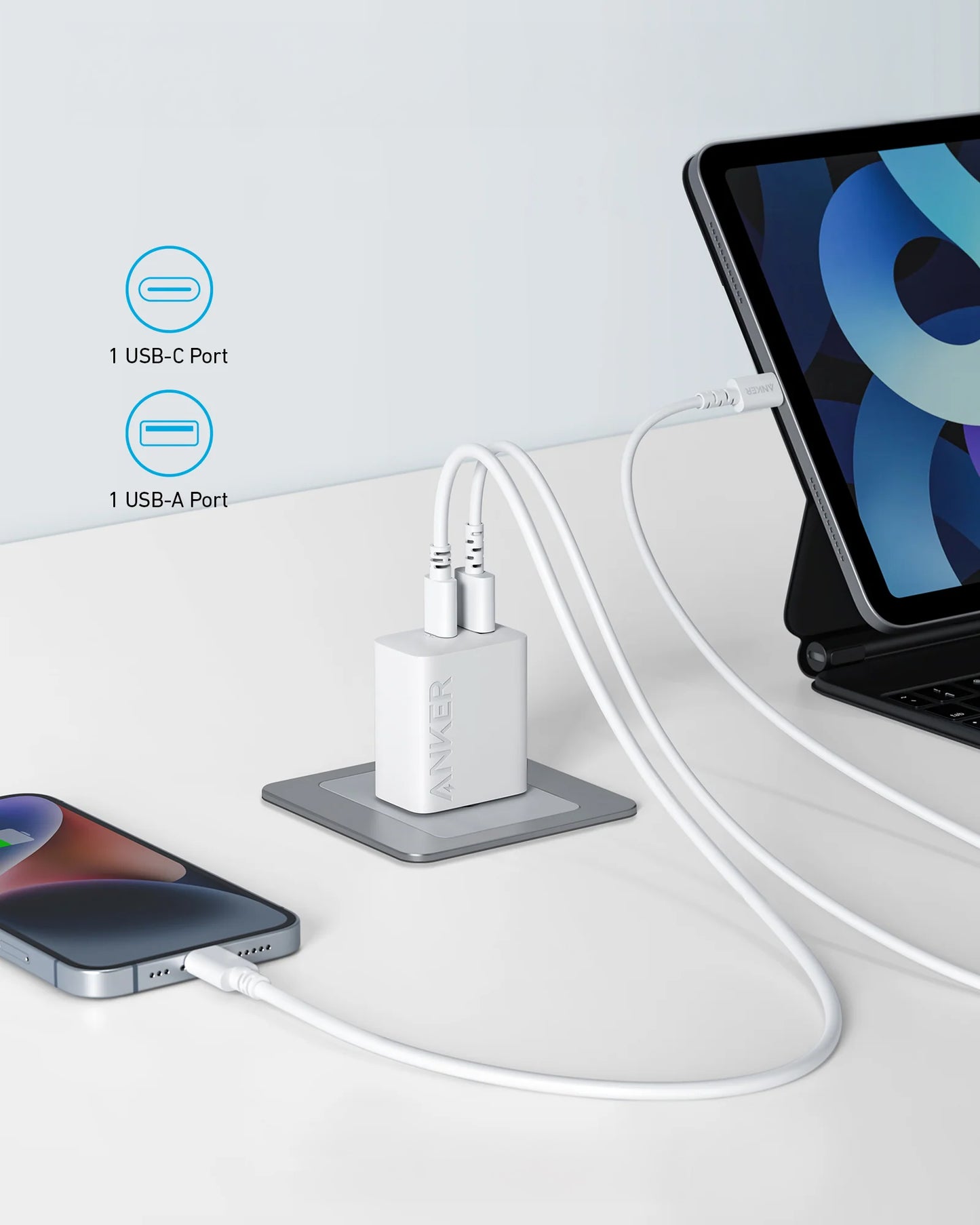 Anker 312 netværksoplader, 20W, 3A, 1 x USB-A - 1 x USB-C, hvid A2348G21