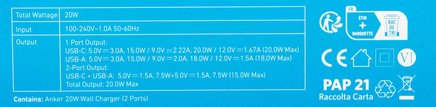 Anker 312 netværksoplader, 20W, 3A, 1 x USB-A - 1 x USB-C, hvid A2348G21
