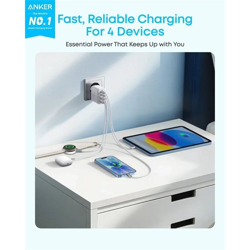 Anker Zolo Netoplader, 50W, 3A, 2 x USB-A - 2 x USB-C, Hvid A121EG21