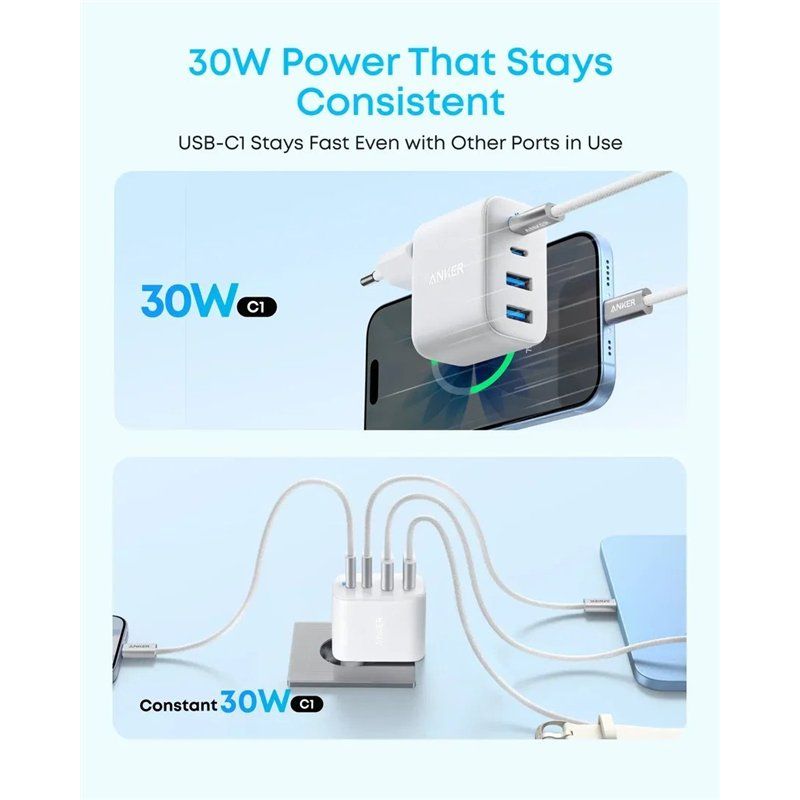 Anker Zolo Netoplader, 50W, 3A, 2 x USB-A - 2 x USB-C, Hvid A121EG21