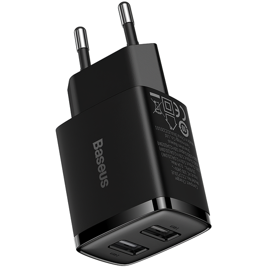 Baseus kompakt netværksoplader, 10,5W, 2,1A, 2 x USB-A, sort CCXJ010201