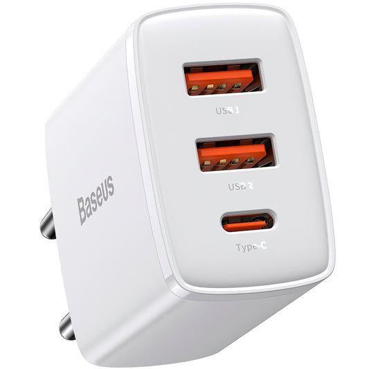 Netværksoplader Baseus Compact, 30W, 1 x USB-C - 2 x USB-A, hvid CCXJ-E02