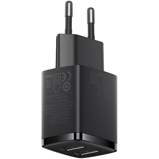 Baseus kompakt netværksoplader, 10,5W, 2,1A, 2 x USB-A, sort CCXJ010201