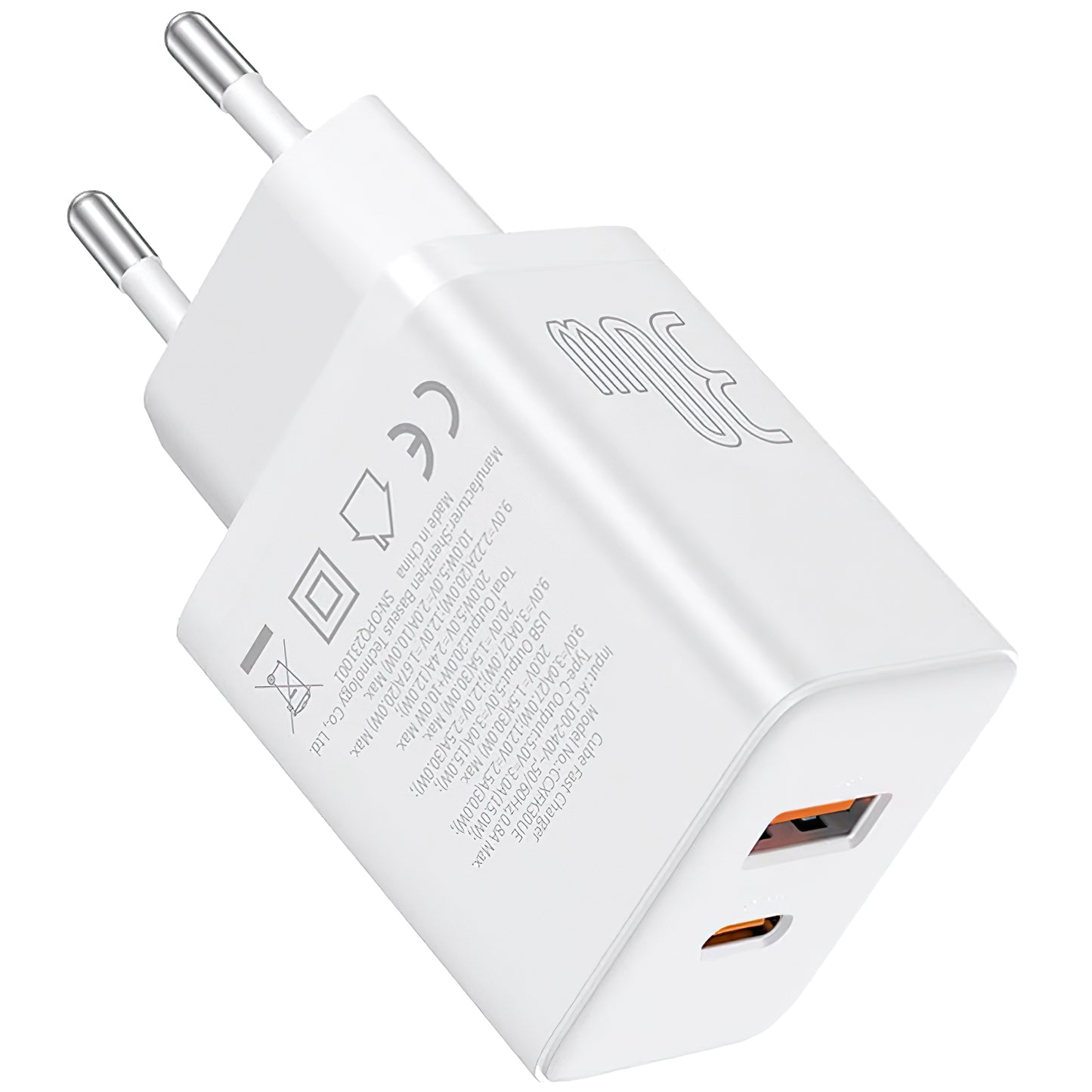 Netværksoplader Baseus Cube, 30W, 2,4A, 1 x USB-A - 1 x USB-C, hvid P10111404213-00