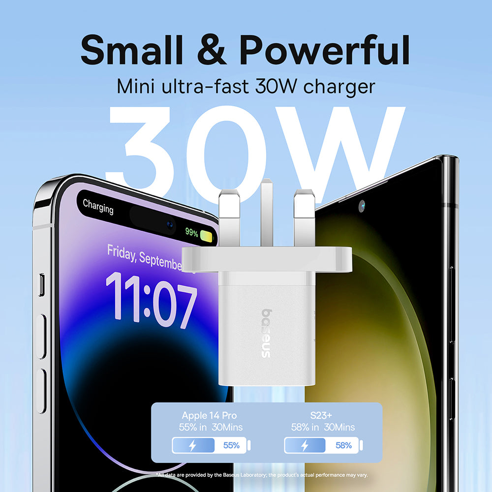 Baseus GaN5 UK netværksoplader, 30W, 3A, 1 x USB-C, Hvid P10110906213-00