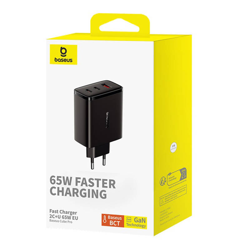 Baseus Cube Pro netværksoplader, 65W, 3.25A, 1 x USB-A - 2 x USB-C, Sort P10152301113-00