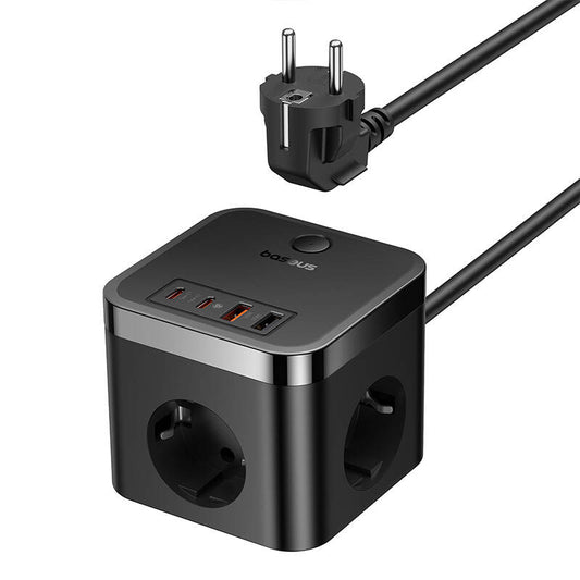 Baseus PowerCombo Cube, 30W, 3A, 2 x USB-A - 2 x USB-C - 3 x Schuko, Sort E00066400117-00