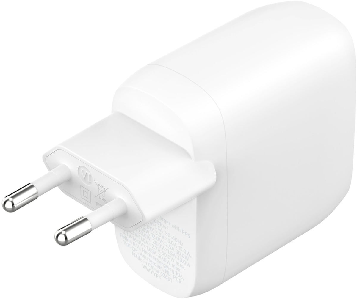 Belkin BoostCharge Pro Dual netoplader, 60W, 3A, 2 x USB-C, hvid WCB010vfWH