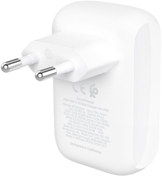 Belkin BoostCharge Dual Netoplader, 42W, 3A, 1 x USB-A - 1 x USB-C, Hvid WCB009vfWH