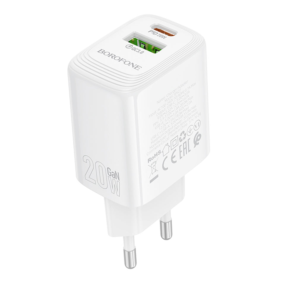 Borofone BN27 Fuente netværksoplader, 20W, 3A, 1 x USB-A - 1 x USB-C, Hvid