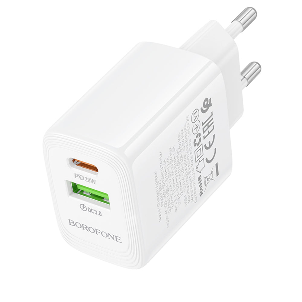 Borofone BN27 Fuente netværksoplader, 20W, 3A, 1 x USB-A - 1 x USB-C, Hvid