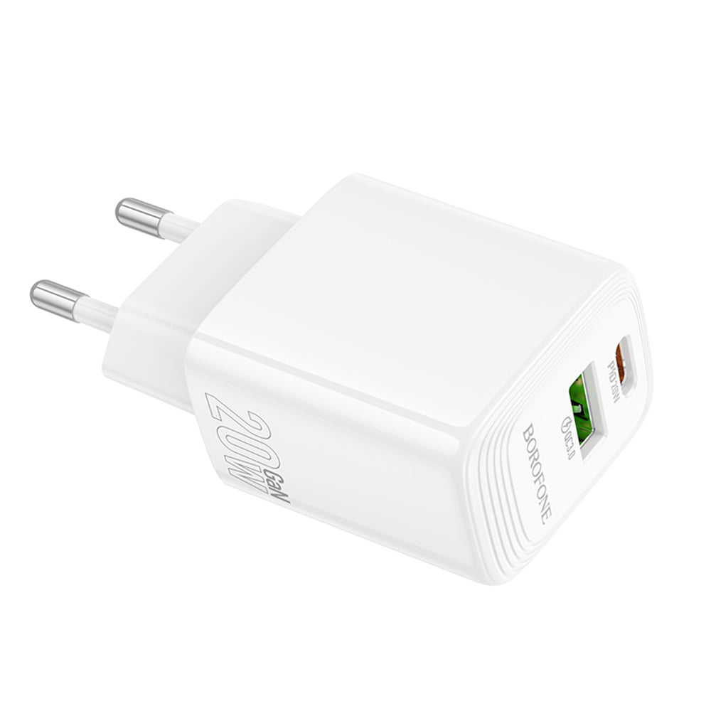 Borofone BN27 Fuente netværksoplader, 20W, 3A, 1 x USB-A - 1 x USB-C, Hvid