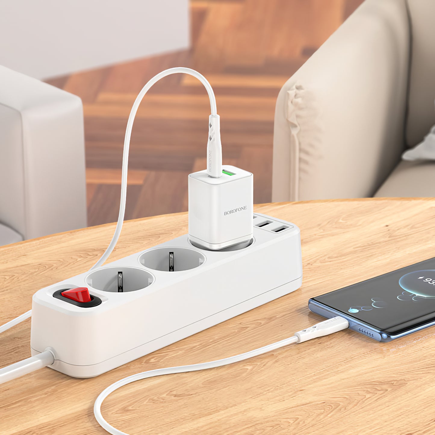 Netværksoplader Borofone BN7, 20W, 3A, 1 x USB-A - 1 x USB-C, hvid