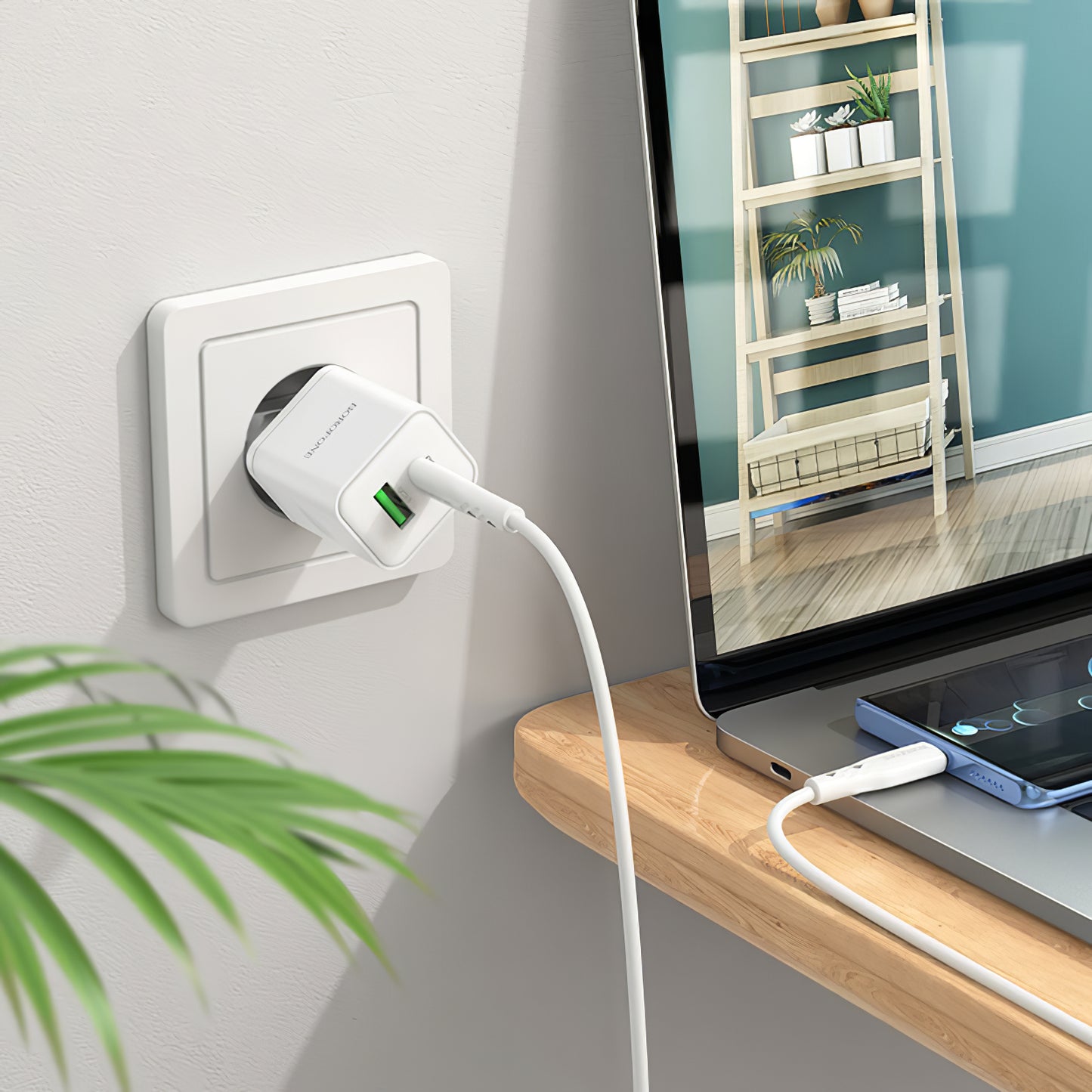 Netværksoplader Borofone BN7, 20W, 3A, 1 x USB-A - 1 x USB-C, hvid