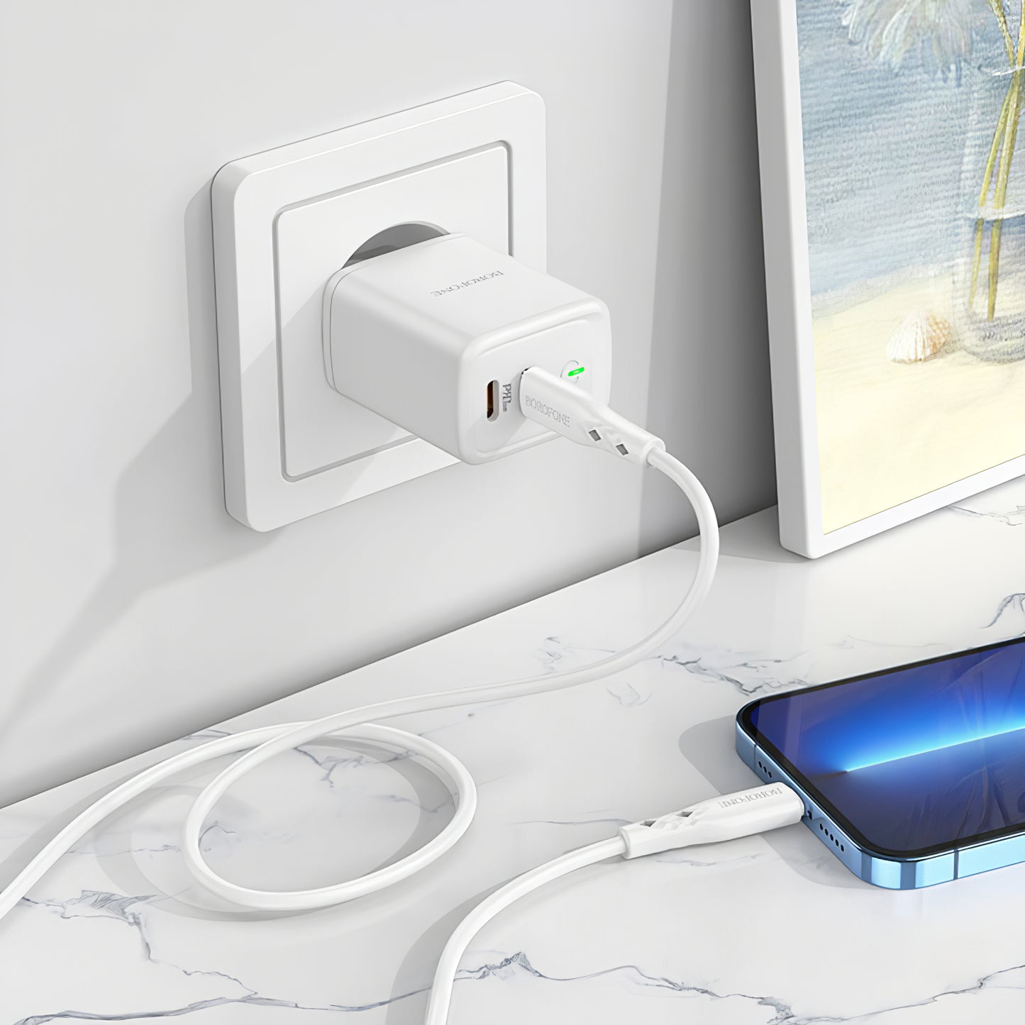 Netværksoplader Borofone BN9, 35W, 3A, 2 x USB-C, hvid