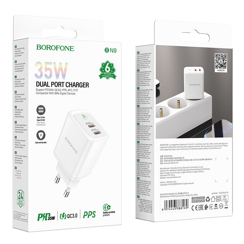 Netværksoplader Borofone BN9, 35W, 3A, 2 x USB-C, hvid