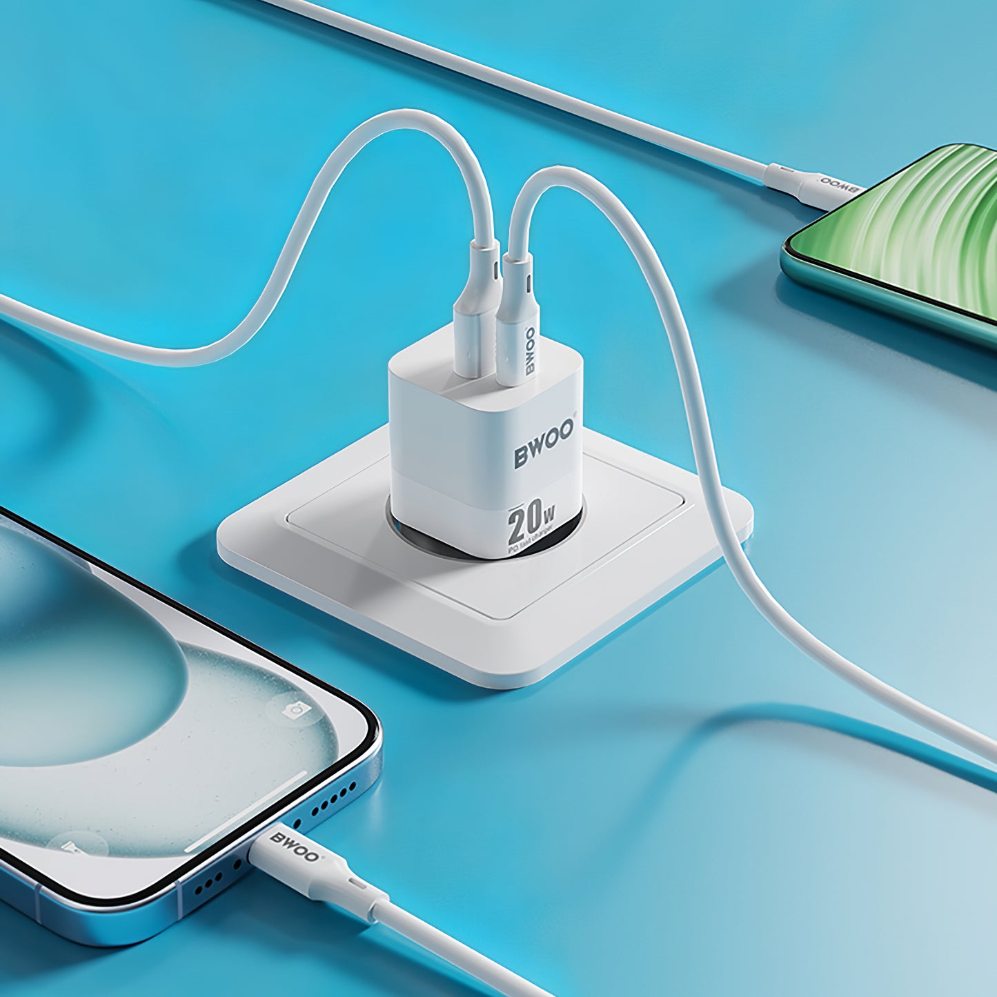 Netværksoplader BWOO BO-CDA156, 20W, 3A, 1 x USB-A - 1 x USB-C, Hvid