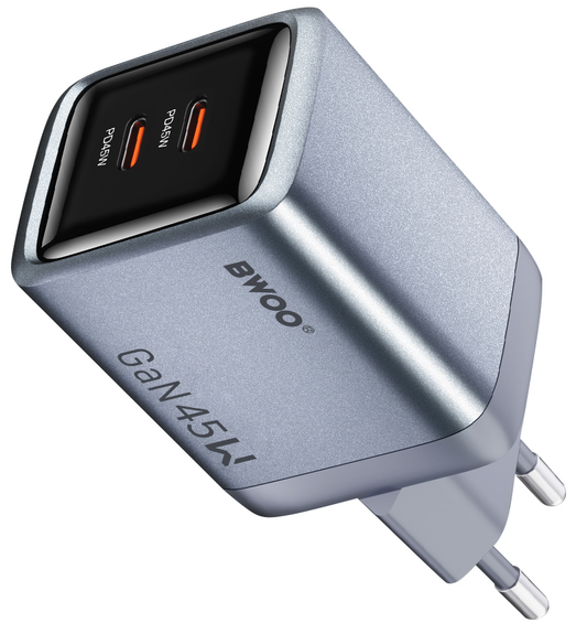 BWOO BO-CDA239 Netoplader, 45W, 3A, 2 x USB-C, Grå