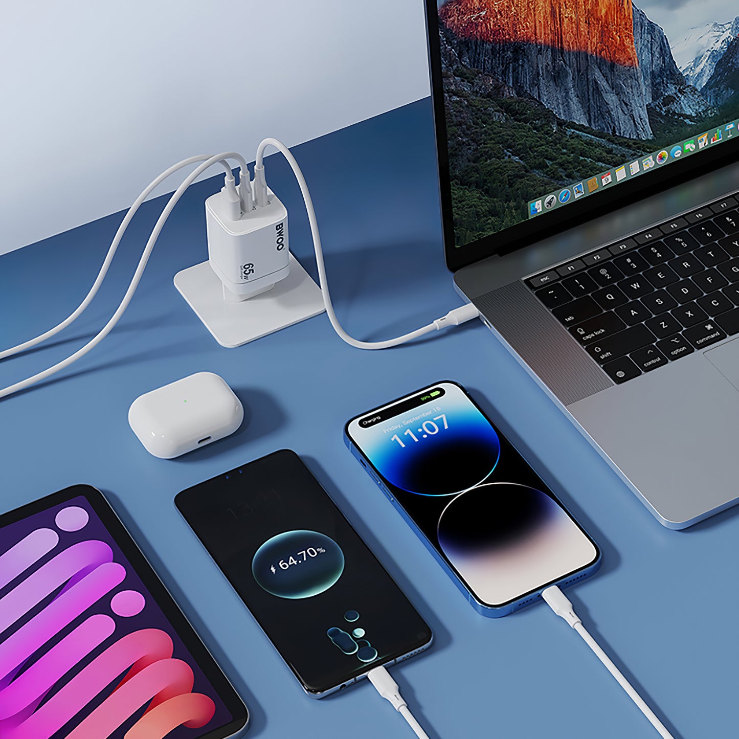 Netværksoplader BWOO CDA147, 65W, 4.5A, 1 x USB-A - 2 x USB-C, Hvid