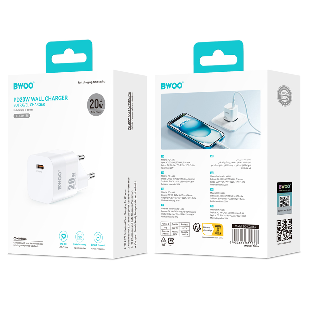 BWOO CDA155 Netoplader, 20W, 3A, 1 x USB-C, Hvid