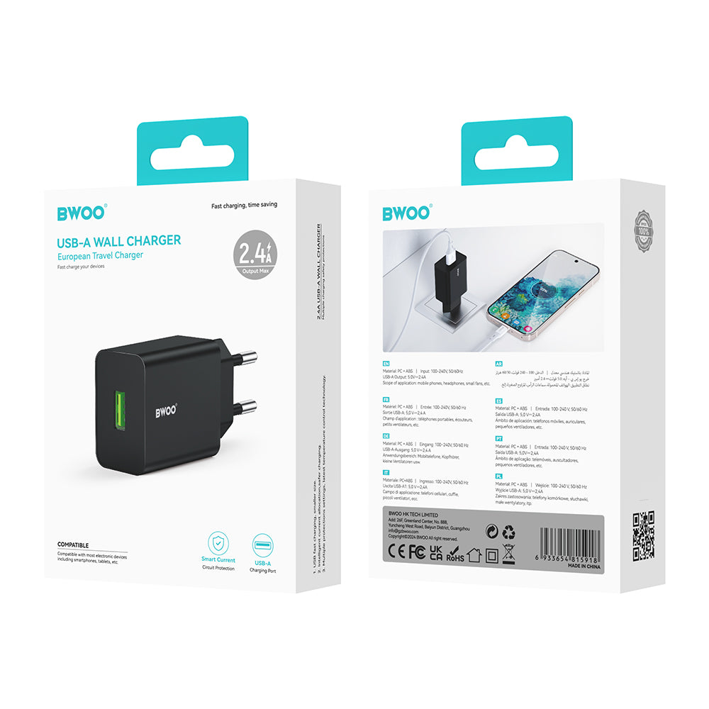 Netværksoplader BWOO CDA249, 12W, 2.4A, 1 x USB-A, Sort