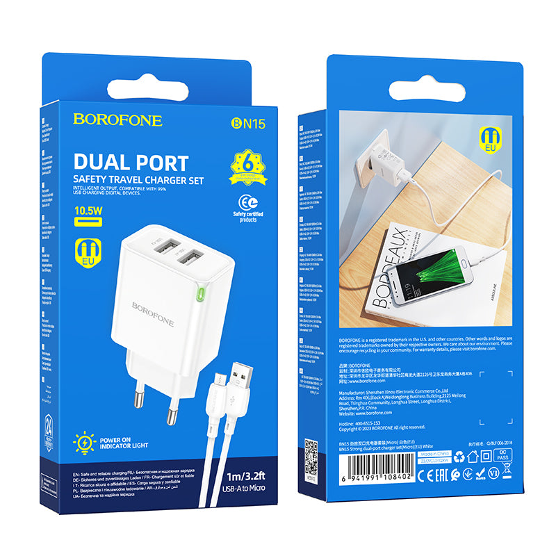 Netværksoplader med microUSB-kabel Borofone BN15 Strong, 10,5W, 2,1A, 2 x USB-A, hvid