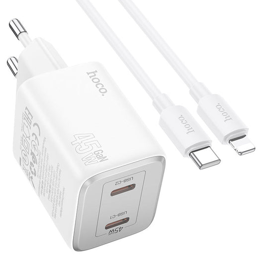 Netværksoplader med lynkabel HOCO N42, 45W, 3A, 2 x USB-C, hvid