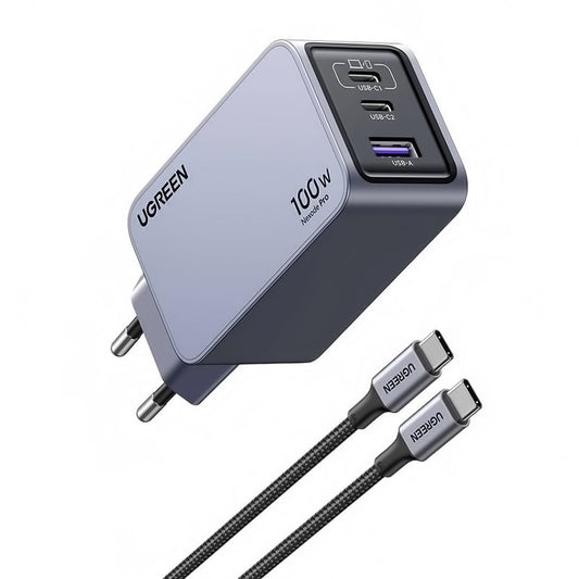 UGREEN X757 Nexode Pro USB-C Cable Network Charger, 100W, 3A, 1 x USB-A - 2 x USB-C, grå