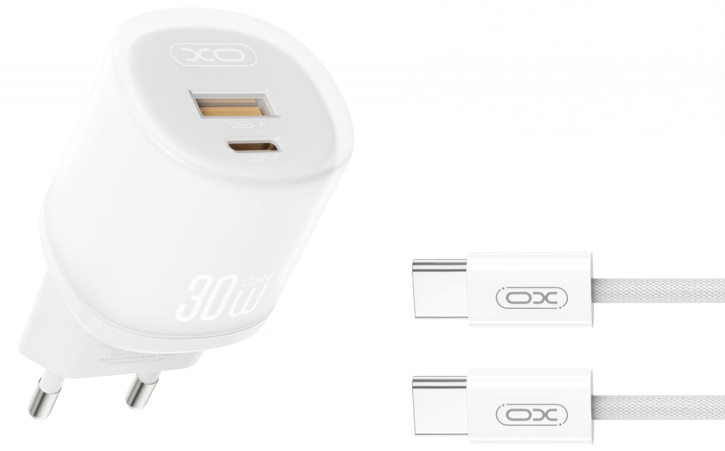 Netværksoplader med USB-C kabel XO Design L151, 30W, 3A, 1 x USB-A - 1 x USB-C, Hvid