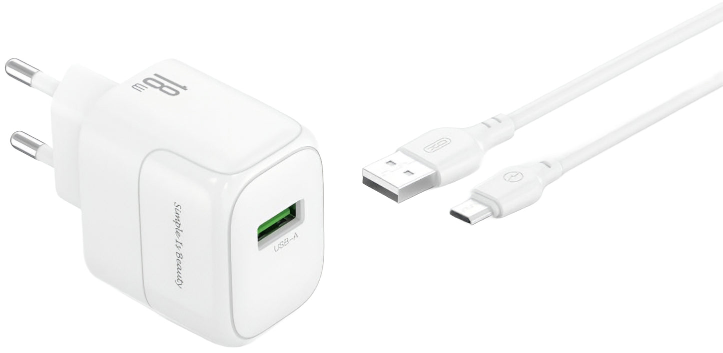 Netværksoplader med microUSB-kabel XO Design L135, 18W, 3A, 1 x USB-A, Hvid