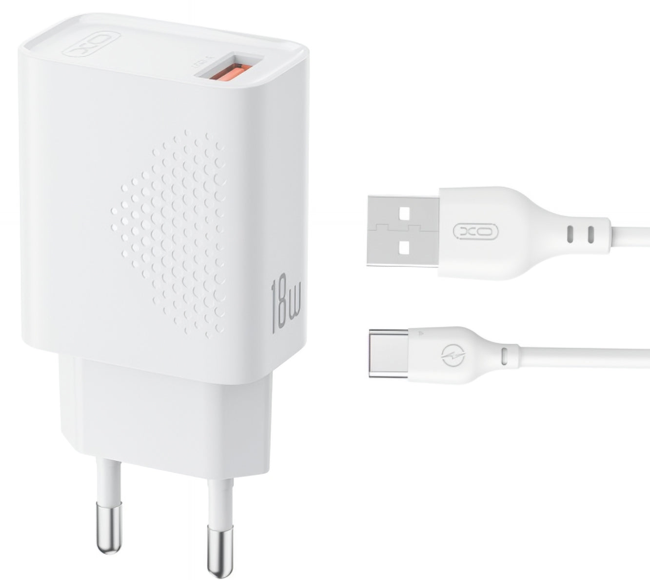 Netværksoplader med USB-C kabel XO Design L159, 18W, 3A, 1 x USB-A, Hvid