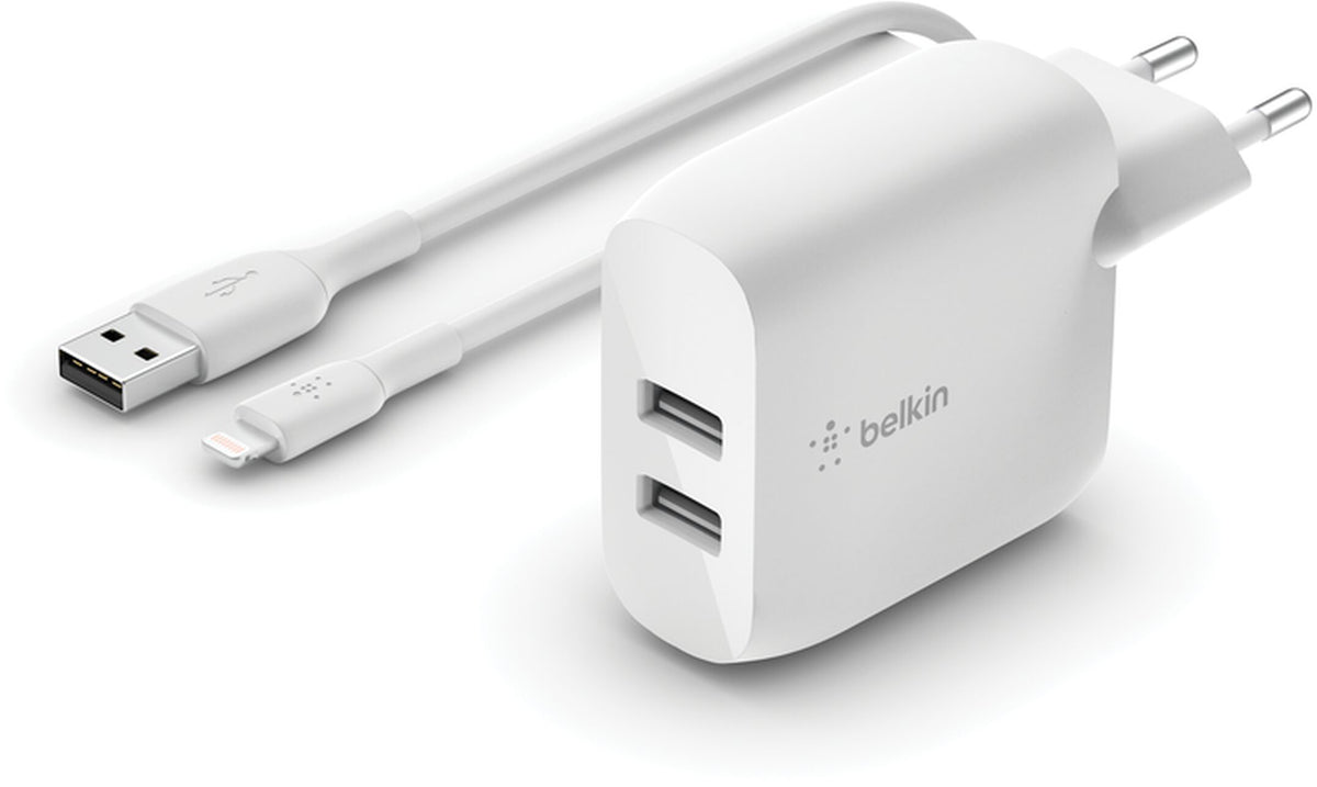 Netoplader med USB-C-kabel Belkin BoostCharge Dual, 24W, 2,4A, 2 x USB-A, Hvid WCE001vf1MWH