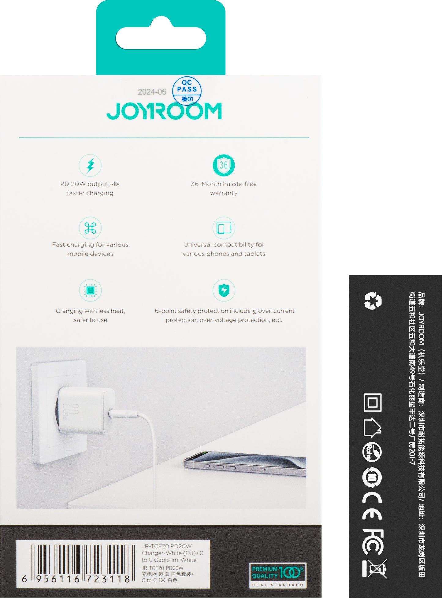 Netværksoplader med USB-C Kabel Joyroom JR-TCF20, 20W, 3A, 1 x USB-C, Hvid