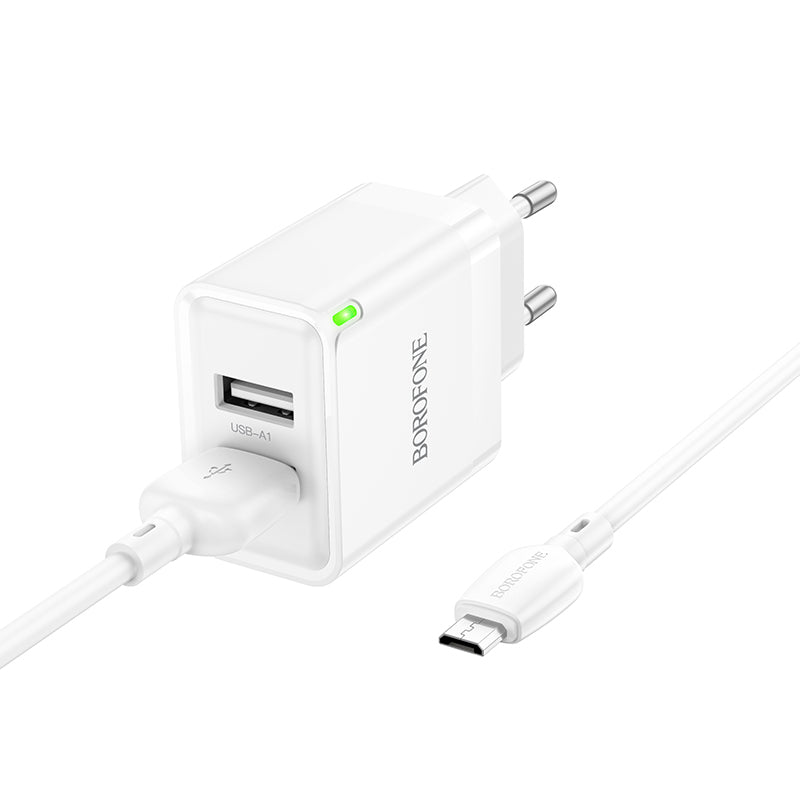 Netværksoplader med microUSB-kabel Borofone BN15 Strong, 10,5W, 2,1A, 2 x USB-A, hvid