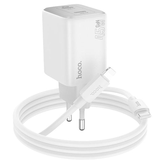 Netværksoplader med lynkabel HOCO N42, 45W, 3A, 2 x USB-C, hvid