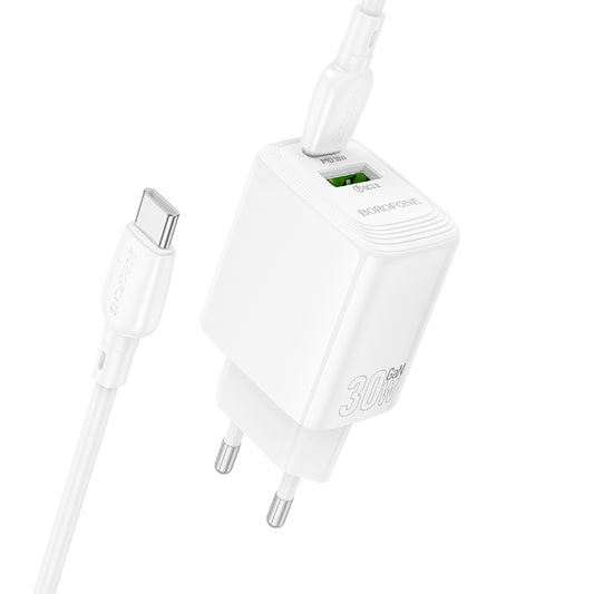 Netværksoplader med USB-C kabel Borofone BN29 Fuente, 30W, 3A, 1 x USB-A - 1 x USB-C, Hvid