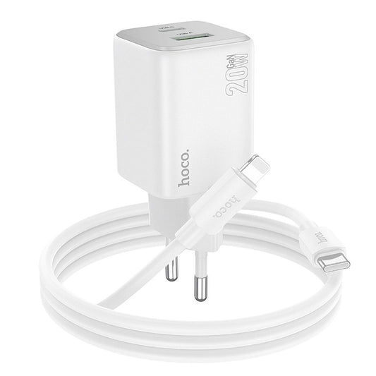 Netværksoplader med Lightning-kabel HOCO N41, 20W, 3A, 1 x USB-A - 1 x USB-C, Hvid