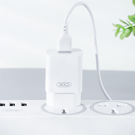 Netværksoplader med microUSB-kabel XO Design L99, 12W, 2.4A, 1 x USB-A, Hvid