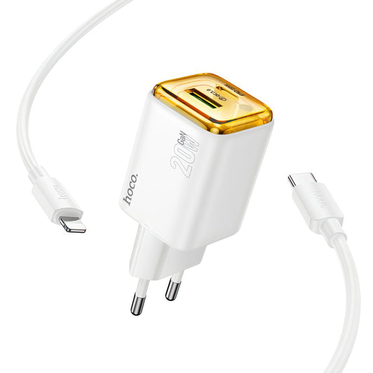 Netværksoplader med Lightning-kabel HOCO N52, 20W, 3A, 1 x USB-A - 1 x USB-C, Hvid