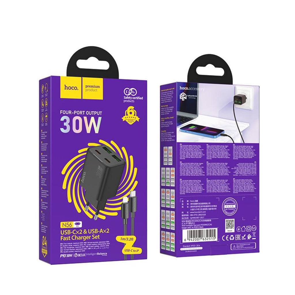 Netværksoplader med Lightning-kabel HOCO N56, 30W, 3A, 2 x USB-A - 2 x USB-C, Sort