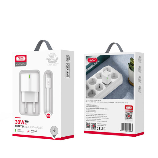 Netværksoplader med USB-C kabel XO Design CE06, 30W, 3A, 1 x USB-C, Hvid