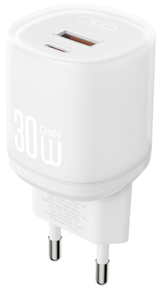 Netværksoplader med Lightning-kabel XO Design L151, 30W, 3A, 1 x USB-A - 1 x USB-C, Hvid