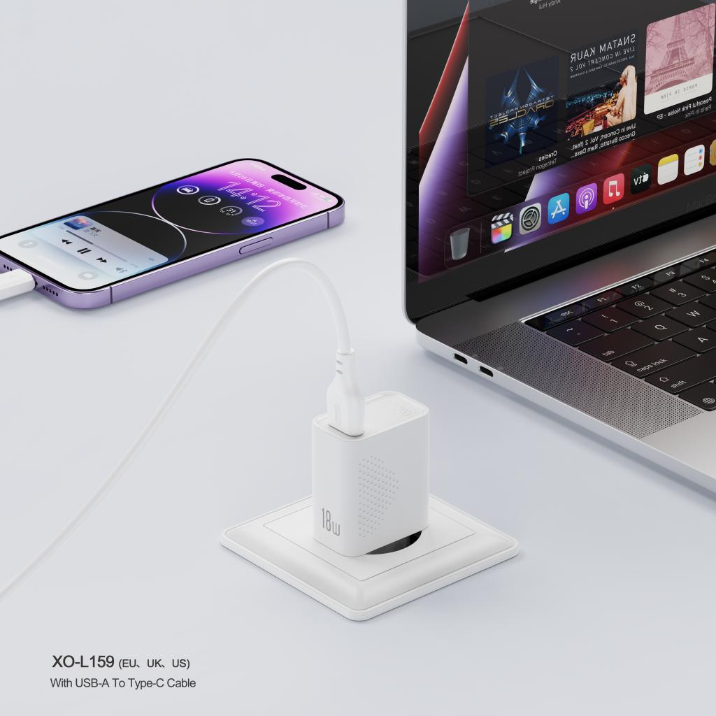Netværksoplader med USB-C kabel XO Design L159, 18W, 3A, 1 x USB-A, Hvid
